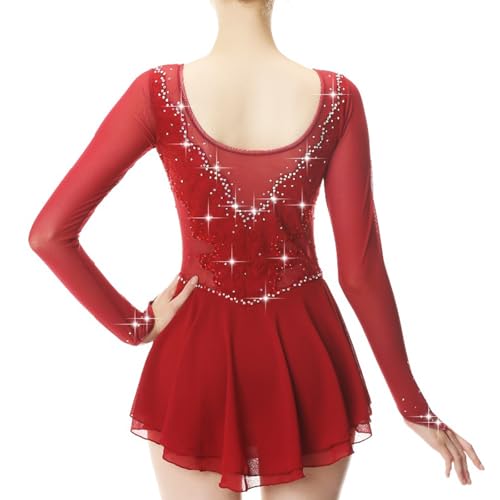 DIJITOO Vestido de patinação artística, renda de strass brilhante, malha de flores, manga de dedo pa