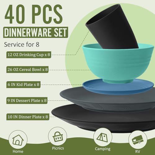 Image of 40 PCS Wheat Straw Plates and Bowls Sets,Dishware Set for 8,Unbreakable Kitchen Plates and Bowls Set for Travel Party Dishwasher & Microwave Safe Lightweight Plastic Dishes Set - Calm Tones