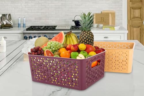 Image of SHUTTLE ART Set Of 3 Plastic Storage baskets For Kitchen, Clothes, Multipurpose Vegetables, Toys, Books, Office, Stationery, Wardrobe /Strong Plastic Material & Side Grip (Medium | Multicolor)