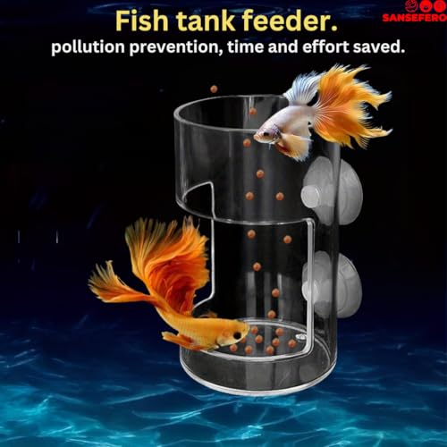 Image of SANSEFERO Small Acrylic Floating Aquarium Fish Feeder with Wall-Mounted Suction Cup for Freshwater & Saltwater Tanks, Durable Clear Design Floating Fish Feeder (Round Feeder)