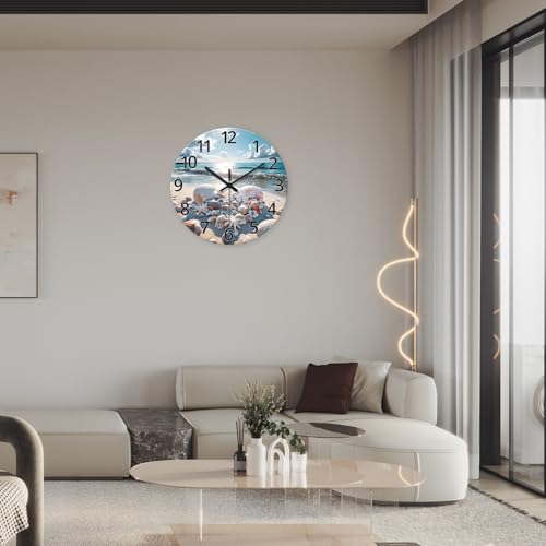 Image of XNM Analog Glass Blue Beach Wall Clocks Battery Operated 12 Inch | Round Sea Shell Wall Clocks for Living Room Bathroom Bedroom Kitchen Office Coastal Modern Wall Clock Non Ticking