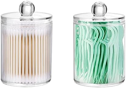 DAPOWER 2 Pack Qtip Holder Storage Canister for Cotton Ball, Cotton Swab, Pads, Floss; 10-Ounce Clear Plastic Apothecary Jar with Lid, Bathroom Makeup Organizer (2)