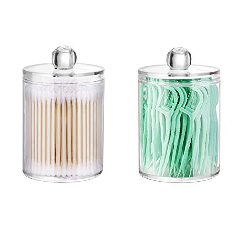 DAPOWER 2 Pack Qtip Holder Storage Canister for Cotton Ball, Cotton Swab, Pads, Floss; 10-Ounce Clear Plastic Apothecary Jar with Lid, Bathroom Makeup Organizer (2) | 10-Ounce Clear Plastic Apothecary Jar, Flosser Holder, Cotton Swab Holder, Cotton Ball Holder