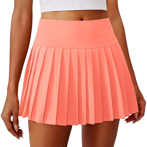 PINSPARK Tennis Skirts for Women Pleated Athletic Skirts with Shorts Underneath High Waisted Golf Skirt with Pocket, Coral L