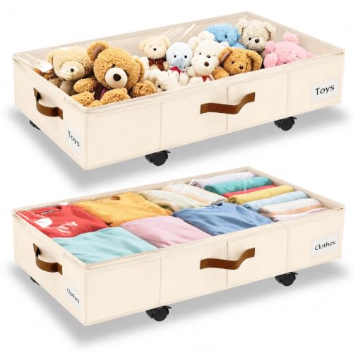 Image of Under Bed Storage with Wheels,Underbed Storage with Sturdy Sidewalls /Bottom, Clear Cover, Label and PU Handle, Rolling Under Bed Drawers for Clothes, Shoes, 6.5 Inch Height,Beige, 2 Pack