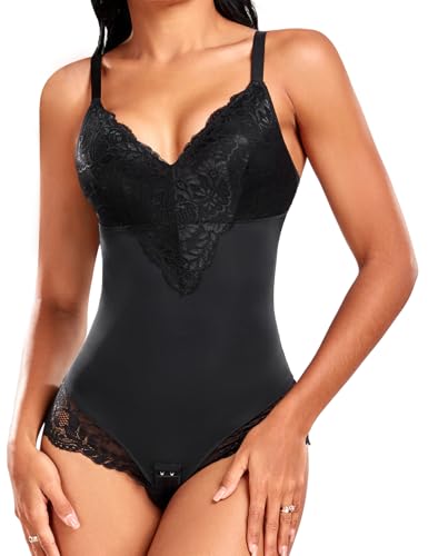 Niwicee Body Moldeador Mujer Tanga Fajas Reductoras Encaje con Cuello en V Shapewear Control de Abdomen Bodysuit Body Shaper Reductor Invisible Posparto Body Suits for Women(Negro,L)