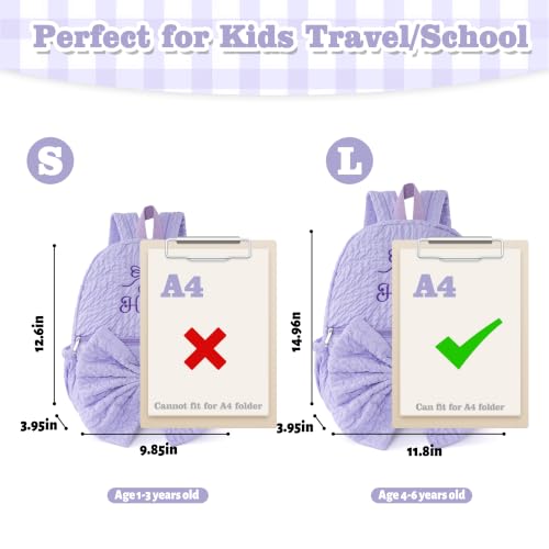 Image of 15inch Daycare Backpack Personalized Large Backpack with Name | Cute Purple Backpacks for Age 4-6,Lightweight Quilted Fabric,Large Front Pocket with Bow,Padded Shoulder Straps,Custom Gift