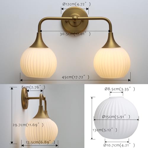 Image of Pathson 2-Lights Milky Globe Wall Sconce Light, Striped Glass Bathroom Wall Vanity Lamp for Mirror, Hardwired Vintage Wall Sconce Lighting for Wall Painting Living Room Bedroom Farmhouse