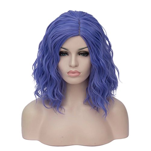 BUFASHION 14" Women Short Blue Wavy Curly Wig Blue Bob Wig Cosplay Halloween Synthetic Wigs 46 Colors Available(Blue)