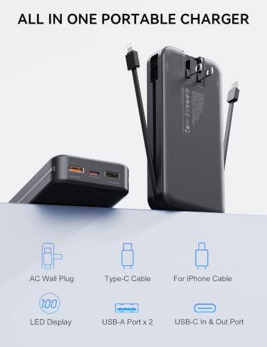 Image of Nusyddy Portable Charger 20000mAh PD20W w /Built-in Cables & Wall Plug Black | PD20W Fast Charging, High Capacity, LED Display, Charge 5 Devices at once, TSA Approved, Compatible with iPhone /iPad /Samsung