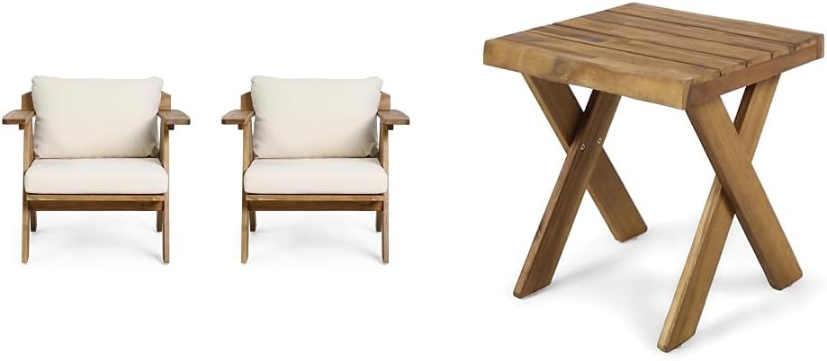 Christopher Knight Home Arcola Outdoor Acacia Wood Club Chairs with Cushions (Set 2), Teak Finish, Beige and Irene Outdoor Acacia Wood Side Table, Sandblast Teak Finish