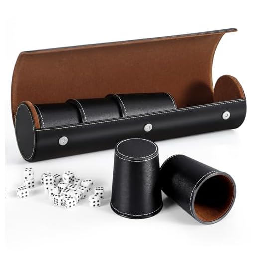 Leather Dice Cup Set, 5 Black Leather Dice Cups + 25 Dice + Exclusive Storage and Transport Case Made of Faux Leather with Magnetic Closure