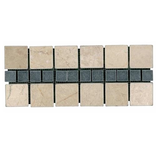 Handmade Beige Black Marble Mosaic Border, 1 Pk = 3 Pcs, 12.5x30.5 cm Natural Stone Tile Trim, Honed Tumbled Finish Mesh-Mounted. Indoor Outdoor Floor, Wall, Tabletop, Frame, Entrance (6 Pk = 18 Pcs)