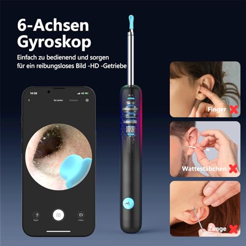 Ohrenschmalz Entferner Otoskop, 1080P HD WiFi Ohrenreiniger Kamera, 3.5mm Ohr Kamera mit 6 LEDs, IP67 Wasserdicht Ohrenspiegel, 360°-Weitwinkel Otoskop Kamera für Erwachsene,Kinder,iOS,iPad,Android