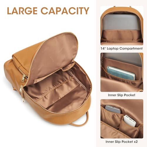 Image of Kattee Leather Backpack for Women with Back Zipper Pocket, Brown | Back zipper pocket for easy access to cards and essentials on the go.