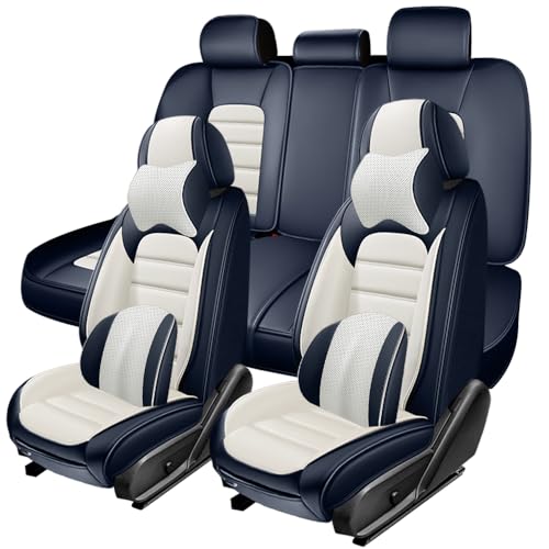 Image of 5 Seat Covers for Hyundai Santa Fe XL 2001-2024,Premium Nappa Leather Car Seat Covers Car Seat Cushions,Waterproof Soft Seat Covers for Cars,Interior Accessories with Airbag(Luxury-Blue&White)