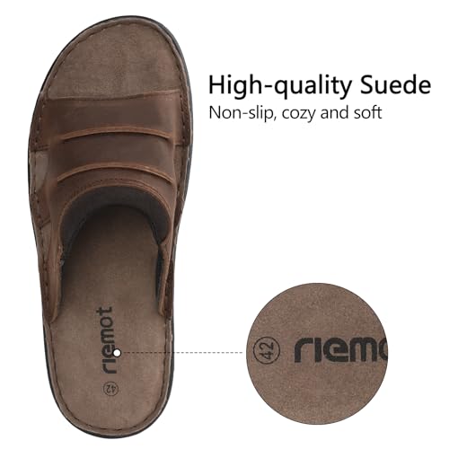 riemot Men's Leather Sandals Outdoor Walking Cushioning Arch Support Sandals Casual Lightweight Non-slip Summer Slides Shoes US 9-144