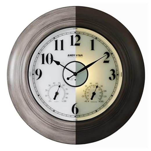 ANDY STAR 21 Inch Large Luminous Outdoor Wall Clock and Temperature for Patio, Pool, Oversized Round Wall Clocks Waterproof, Vintage Brushed Gray Oak Wooden Finish Silent Non Ticking