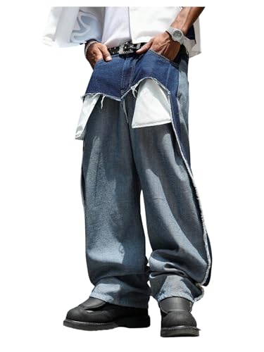 Men's Y2k Patchwork Jeans Vintage Frayed Straight Leg Hip Hop Denim Pants with Pockets Streetwear