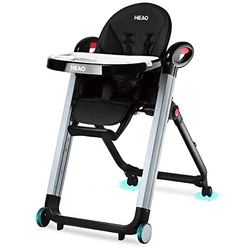 Image of HEAO High Chair for Babies & Toddlers, Foldable Highchair with 7 Different Heights,5 Reclining Seat Position and 3-Setting Footrest, Detachable Trays & Seat Cushion, 4 Wheels with Locks