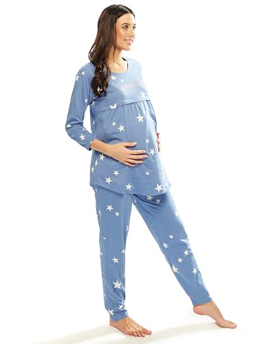 Image of LOTIK Women's Cotton Star Print Maternity & Feeding Night Suit Set