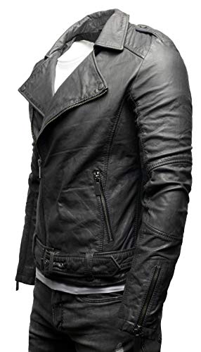Crone Fynn bikerjas voor heren, basic echt leer of eco-leer, met riem en reverskraag - Image 3