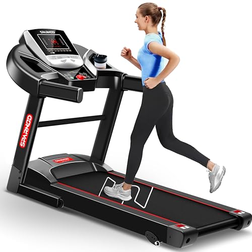 Sparnod Fitness STH-1200 Motorized Treadmill for Home Use, 4 HP Peak DC Motor, Bluetooth,12 km/hr Speed, 110 kg Max User Weight, 12 Preset Workouts, Manual Incline, Hi-Fi Speaker, Safety Key