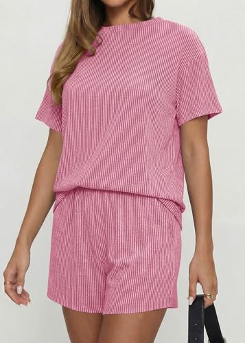 KIRUNDO Two Piece Sets for Women Dressy Casual Ribbed Knit Short Sleeve Top Matching Shorts Lounge Set 2026 Summer Outfits(Pink, X-Large) — view 6