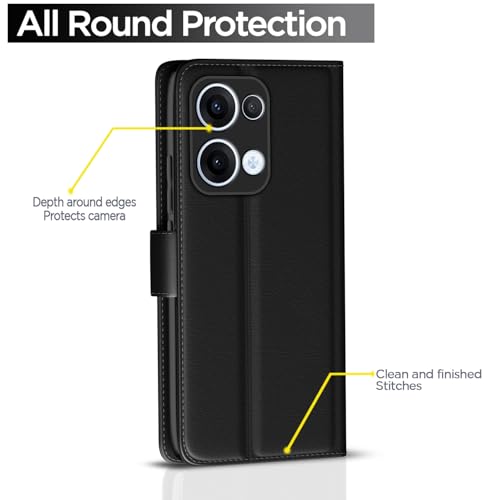 Image of Pikkme Flip Cover Leather Finish | Inside TPU with Card Pockets | Wallet Stand and Shock Proof | Complete Protection Button Flip Case for Oppo Reno 13 5G(Black)