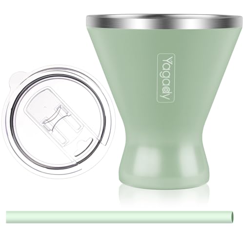 Yagady Stainless Steel Martini Tumbler with Lid & Cuttable Silicone Straw - 10oz Vacuum Sealed Insulated Martini Glass - Elegant Design Margarita Glass for Perfectly Chilled Drinks (Green)