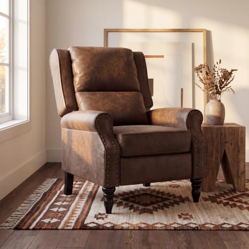 Image of Leather Recliner Chair, Pushback Recliner Chair with Adjustable Backrest Footrest, Mid Modern Reclining with Overstuffed Arms Lumbar Support for Reading, Living Room, Coffee Brown