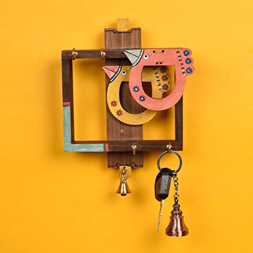 Image of AAKRITI ART CREATIONS Key Holder, Handcrafted Birds Design Key Hanger | Rustic Rose Wood Wall Organizer with 4 Hooks | New Home Gifts | Multifunctional Entryway Decor Item
