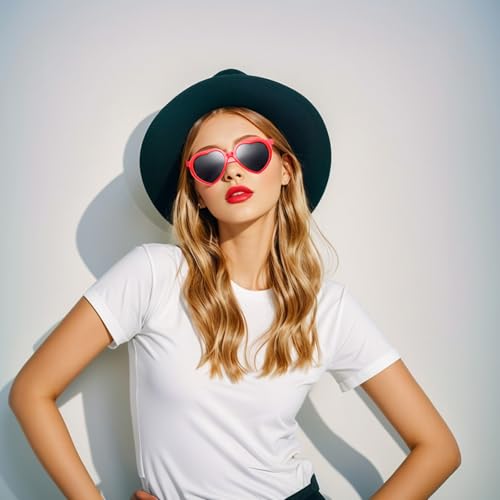 Image of Black Fedora Hats Red Heart Sunglasses Costume for Women and Men, Fashion Flat Wide Brim Round Hats
