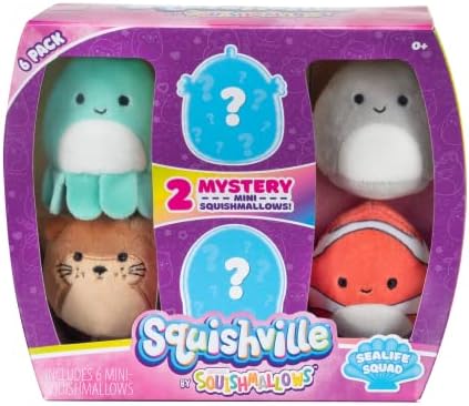 Squishville by Squishmallows SQM0067 Mystery Sealife Squad, Six 2 Sea Animals, Irresistibly Soft Colourful Plush, Mini Shark, Otter, and Seahorse Squishmallows
