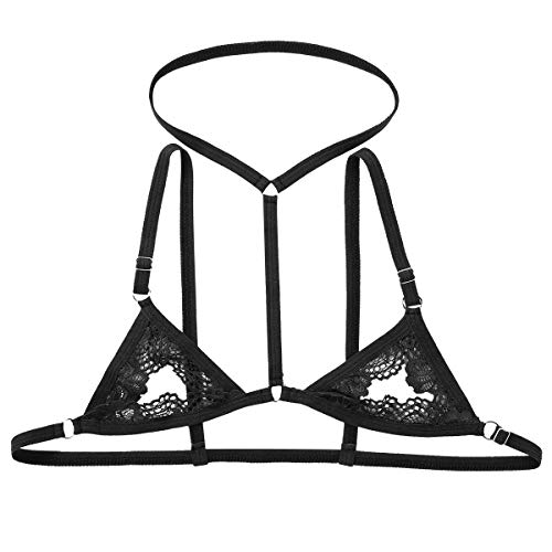 ACSUSS Mens Lingerie Sissy Sheer Lace Halter Neck Open Nipples Wire-Free Unlined Mini Bra Tops3