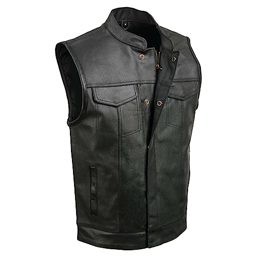 ELM3910 Men's Black Motorcycle Leather Riders Club Style Vest w/Dual Closure