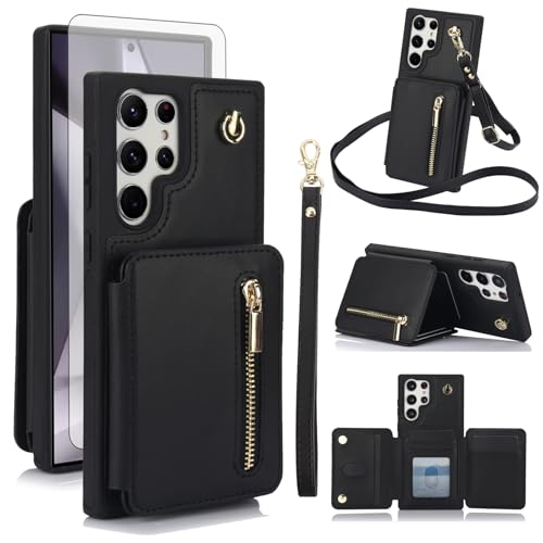 Coque Samsung S25 Ultra 5G RFID portefeuille homme et femme avec verre trempé noir