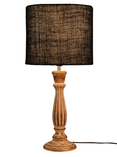 Image of Green Girgit Athens Wooden Lamp in Distress White Color with Jute Black Shade, Vintage Style Table Lamp, Distressed Wood Base, Black Linen Shade, Farmhouse Decor (LED Bulb Included)