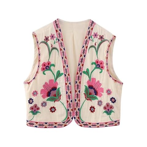 Unilexi Women's Embroidered Vest Outerwear Vintage Floral Cropped Waistcoat Casual Open Sleeveless Boho Cardigan(0258-A-Pink-L) Cover