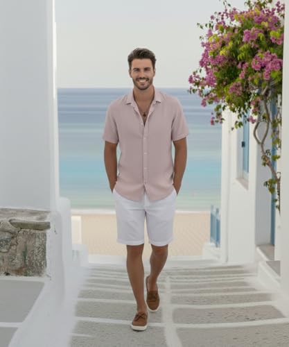 Image of VastraVibes Premium Cotton Linen Shirt for Men | Half Sleeve Slim Fit Casual Shirts | Lightweight Beach Wear & Festive Outfits | Trending Pastel Colors