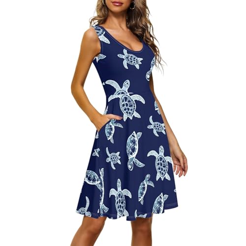 Image of Women Stylish Tank Dresses Sleeveless Round Neck Midi Casual Dress with Pocket for Summer