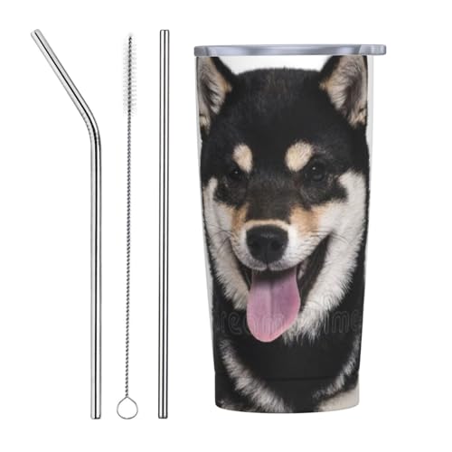 柴犬 犬柄 黒柴 アニメ ストロー&ストローブラシ付き マグカップ コーヒーカップ 600ml コンビニカップ タンブラー ステンレス製 保冷 保温 車用 蓋付き 持ち運び 水筒 大容量 直飲み キャラクター 人気 プレゼント