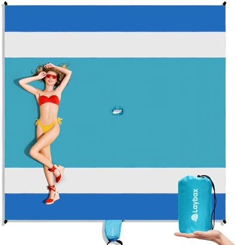 Blue Water-Resistant, Sandproof 10x9ft Beach Blanket with Umbrell...