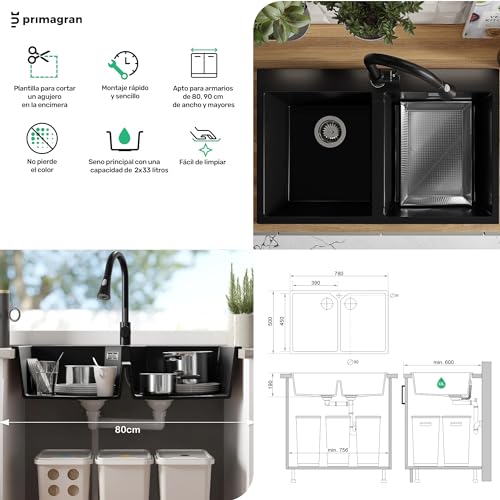 Fregadero granito blanco premium Madrid Twin Primagran de dos cubetas profundas 6