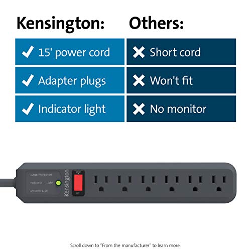 Image of Kensington Guardian 6 Outlet Power Strip, 15ft Surge Protector, 15-Foot Cord, 540 Joules, Black(K38215NA), Plastic, Rubber