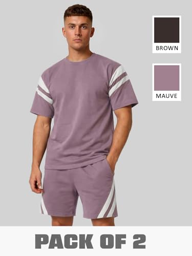 Image of CHKOKKO Men's Co-Ord Set Premium Cotton Blend Oversized T-Shirt & Shorts Cord Set with Side Pockets Round Neck Half Sleeves Solid with Contrasting Stripes Summer or Casual Wear