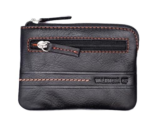 Valencia CF Monedero de Piel Genuina, Negro con Costuras Naranjas, Cartera con Cremallera. Producto Oficial | Ya disponible en tu tienda friki favorita! En mundofriki.es!