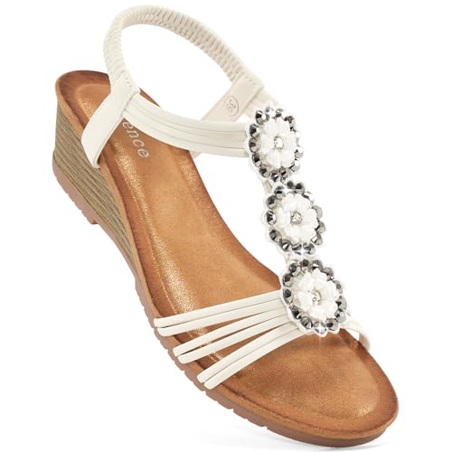 Image of HARENCE Wedge Sandals for Women Dressy: Comfortable Elastic Ankle Strap Low Heel Open Toe Flower Summer Shoes