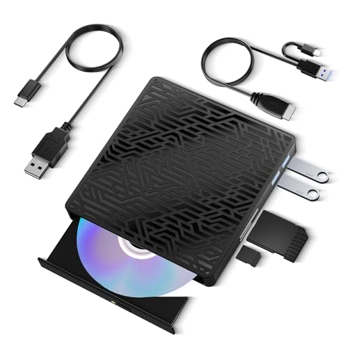 5 in 1 External Blu Ray Drive for Laptop, Portable External Blueray/DVD Drive for PC, USB 3.0 & Type-C Blu Ray Burner Support 50G Disc, USB Bluray Drive with TF SD Port for Windows Linux Mac OS