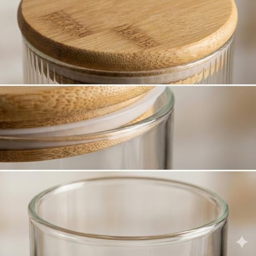 Bambu Kapaklı 300 ml Yuvarlak Çizgili Cam Kavanoz – Sızdırmaz Silikon Contalı Gıda ve Düzenleme Saklama Kabı